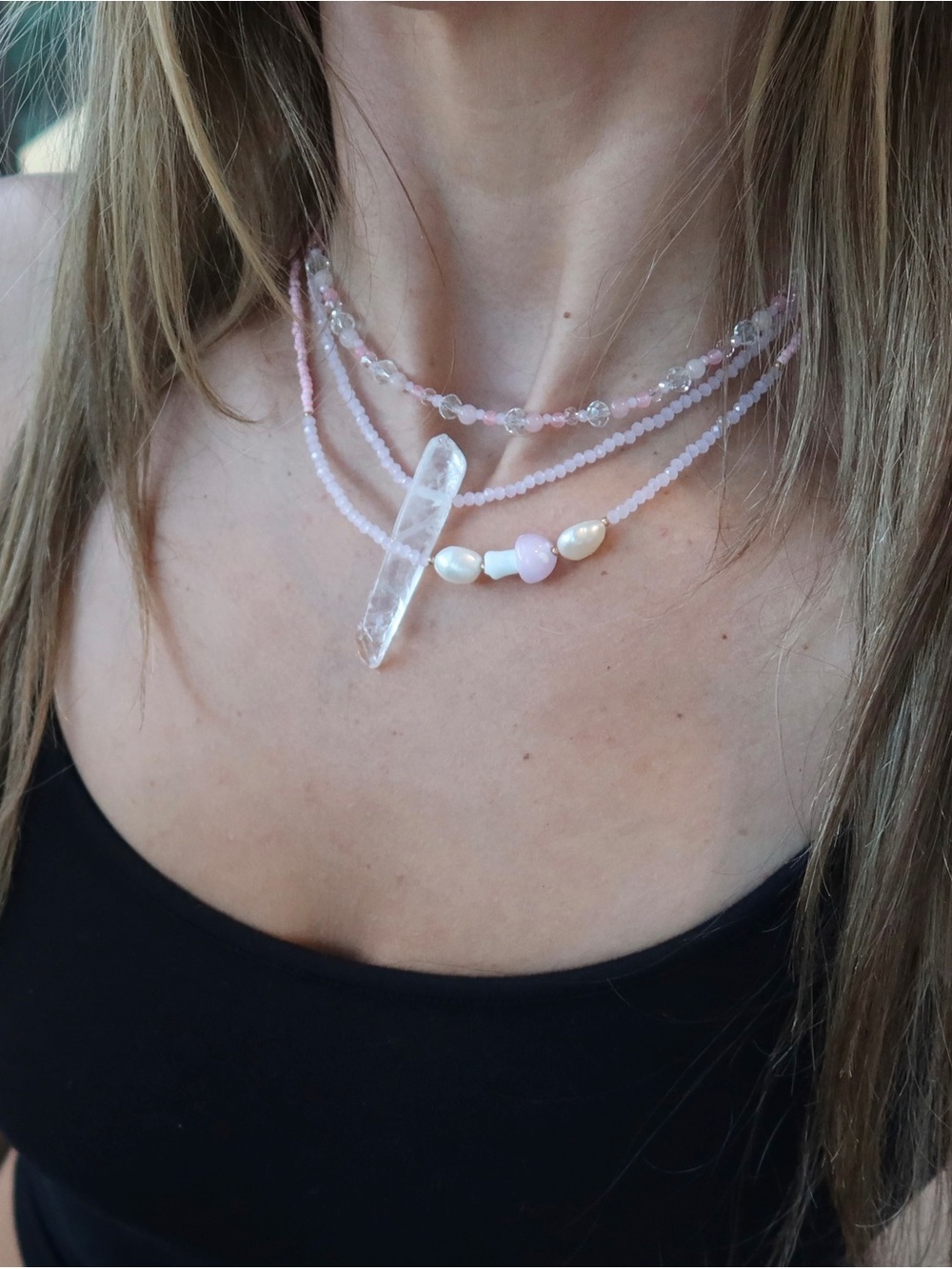 Rose Quartz, Freshwater Pearl & Clear Quartz Necklace Trio 3 Piece Set - Picture 1 of 5
